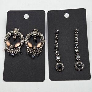 VINTAGE Fashion Earrings Gun Metal Faux Gemstones Black Rhinestone Pink